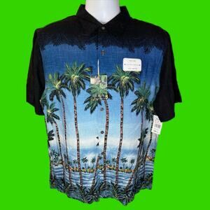 Campia Men's Black Short Sleeve Button Up Shirt Palm Tree Ocean Rayon Size L